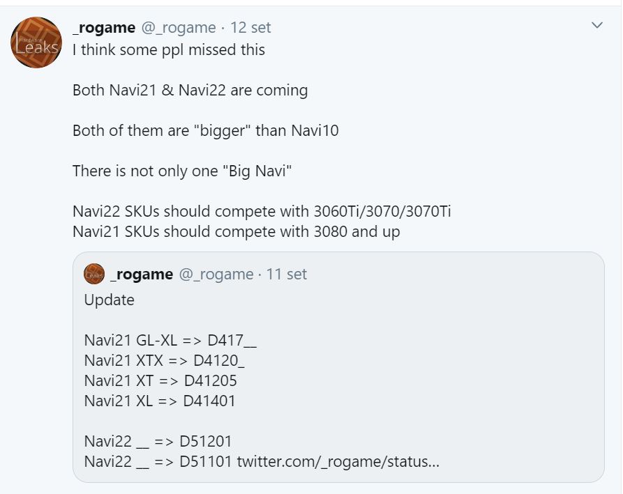 Immagine pubblicata in relazione al seguente contenuto: Le varianti delle GPU AMD Navi22 e Navi21 destinate a sfidare le GeForce RTX 30 | Nome immagine: news31117_GPU-AMD-Navi-22-Navi-21_Leak_Twitter_1.jpg
