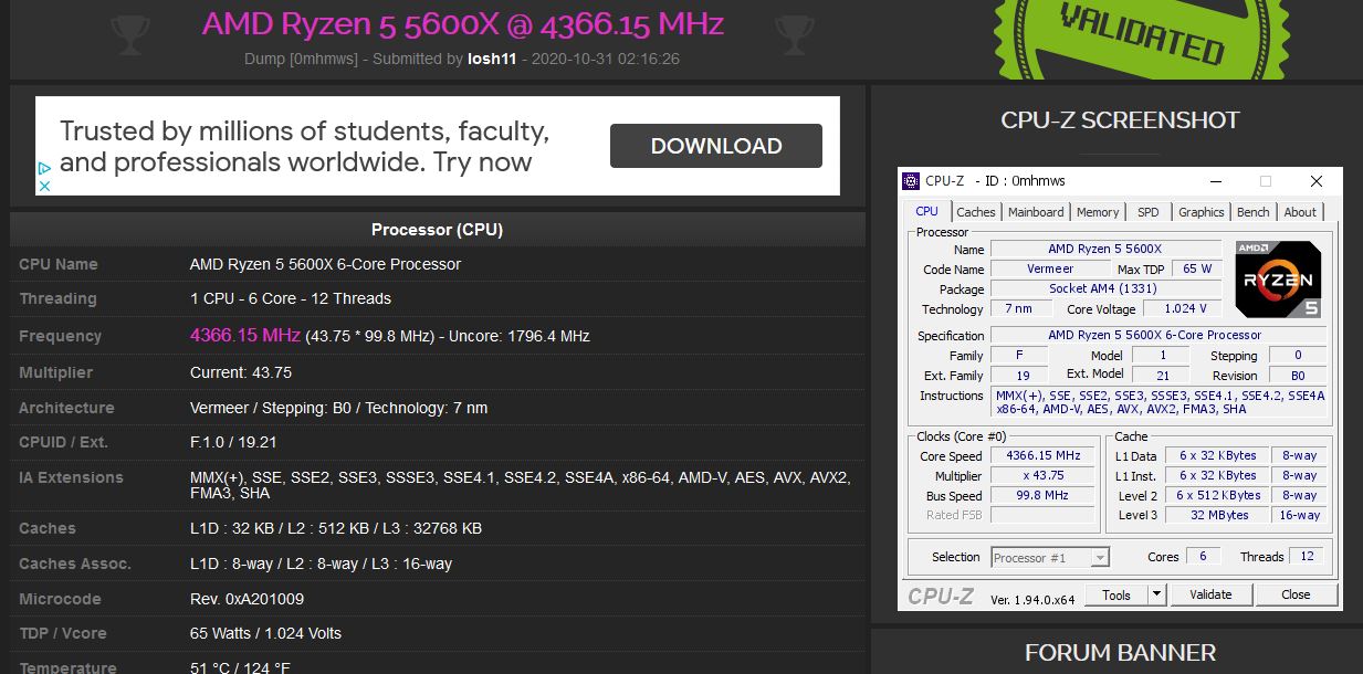 Media asset in full size related to 3dfxzone.it news item entitled as follows: Foto e benchmark con CPU-Z del processore Zen 3 Ryzen 5600X di AMD | Image Name: news31281_AMD-Ryzen-5600X_3.jpg