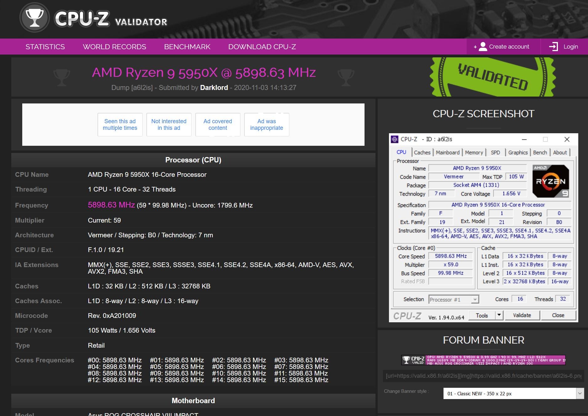 Media asset in full size related to 3dfxzone.it news item entitled as follows: Extreme Overclock: la CPU AMD Ryzen 9 5950X spinta fino alla soglia dei 5.9GHz | Image Name: news31292_Ryzen-9-5950X-CPU-Z-Validator_1.jpg