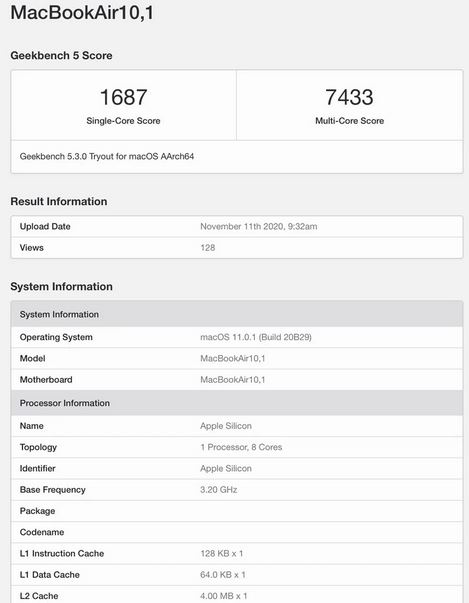 Immagine pubblicata in relazione al seguente contenuto: MacBook Air e MacBook Pro con SoC M1 di Apple testati con Geekbench | Nome immagine: news31321_Apple-Mac-M1-Geekbench_1.jpg