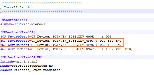 Immagine pubblicata in relazione al seguente contenuto: Il codice del driver grafico di Intel rivela due GPU DG2 dedicate al gaming | Nome immagine: news31525_Intel-DG2-Inf_1.png