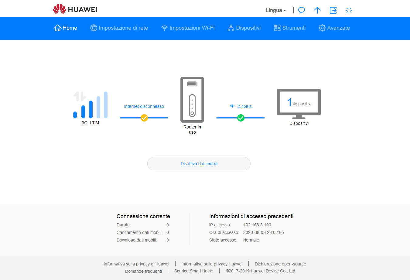 Immagine pubblicata in relazione al seguente contenuto: Unboxing e considerazioni sul router Huawei 4G Mobile WiFi (E5576-320) | Nome immagine: news31539_Huawei_5576-320_Admin_Interface_Web_GUI_Home_1.png