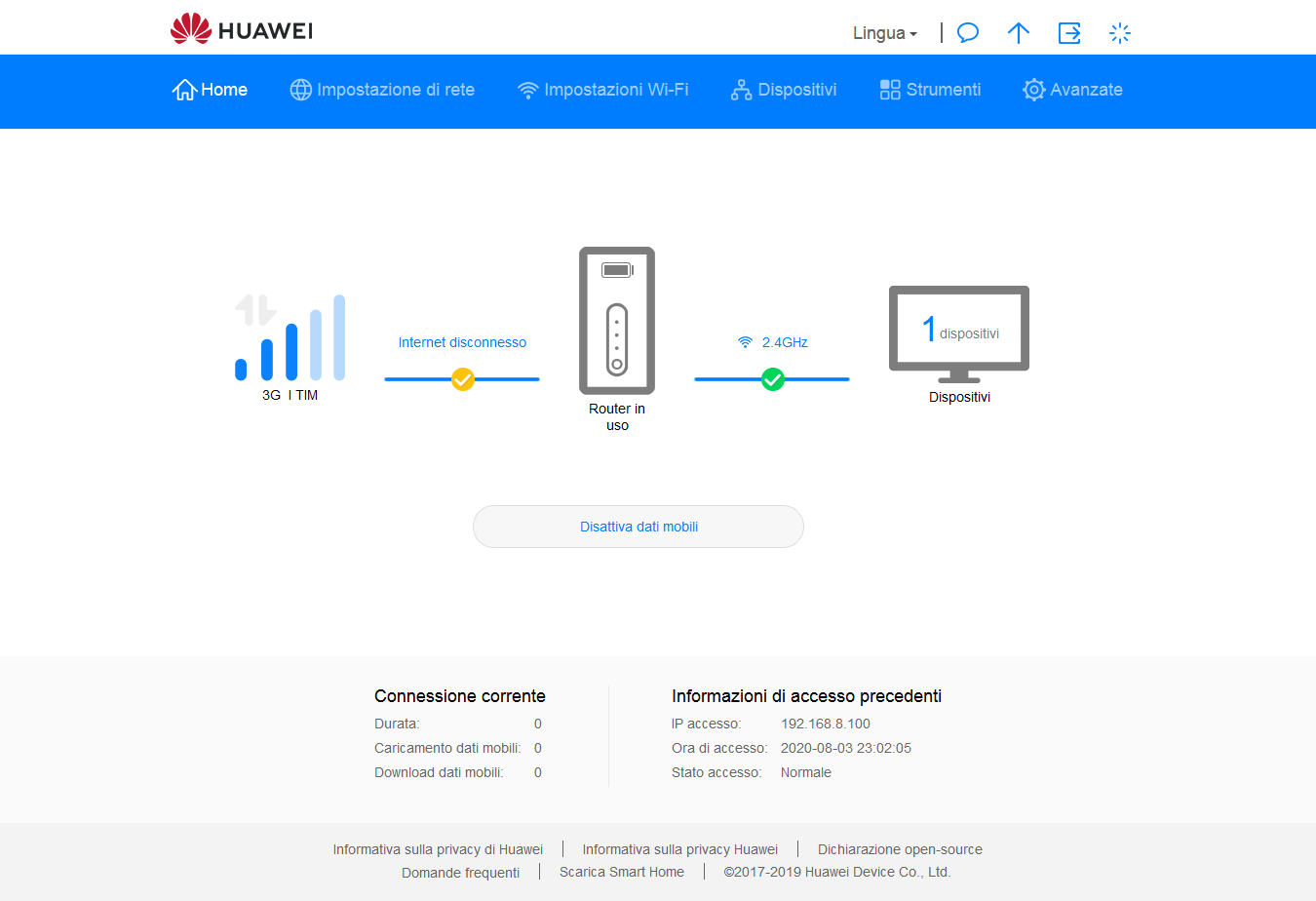 Media asset in full size related to 3dfxzone.it news item entitled as follows: Unboxing e considerazioni sul router Huawei 4G Mobile WiFi (E5576-320) | Image Name: news31539_Huawei_5576-320_Admin_Interface_Web_GUI_Home_1.png