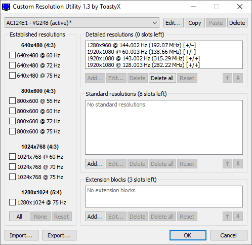 Immagine pubblicata in relazione al seguente contenuto: Monitor Setup & Tuning Tools: Custom Resolution Utility 1.5.1 [Skilled Users] | Nome immagine: news31575_Custom-Resolution-Utility_CRU_Screenshot_1.png