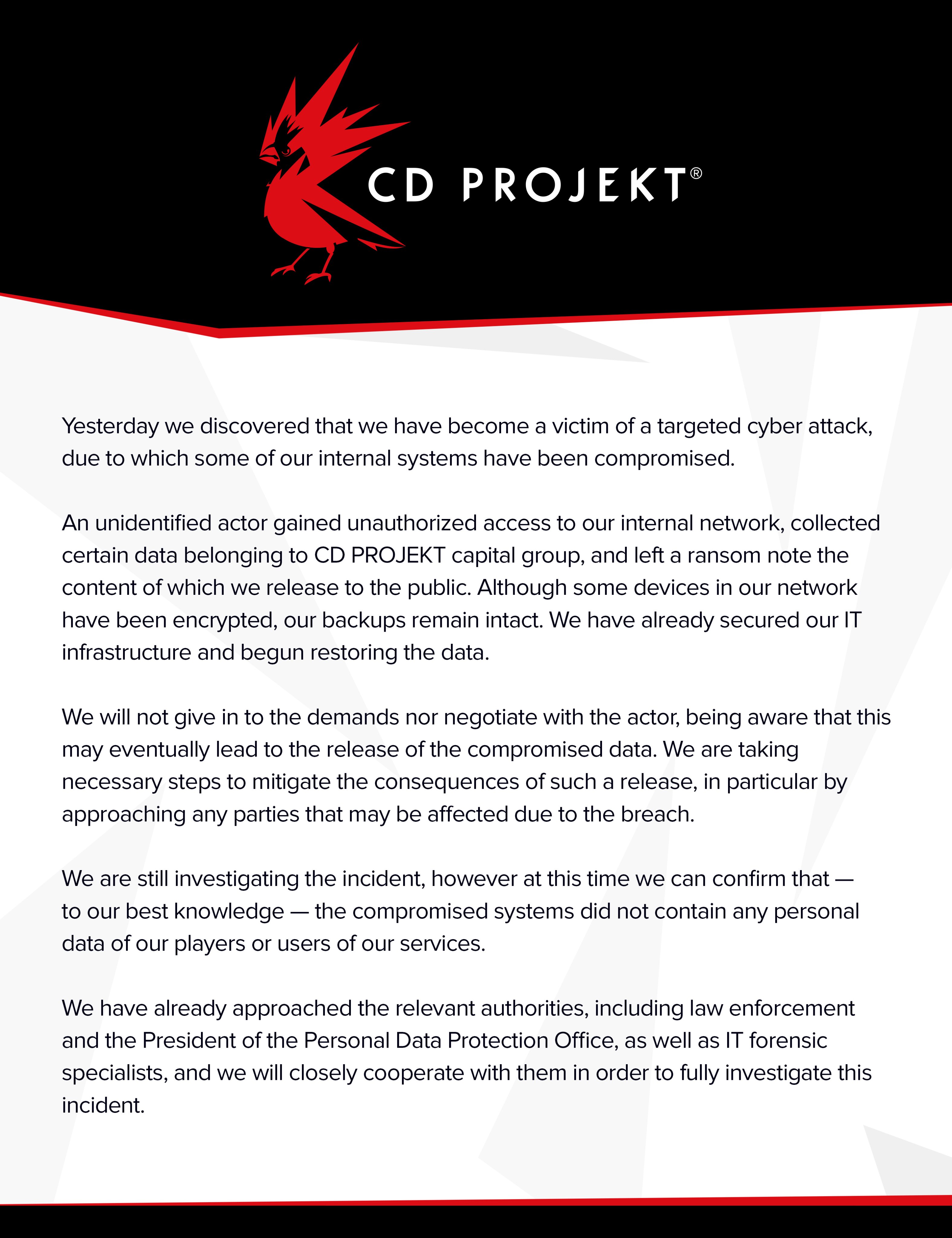 Media asset in full size related to 3dfxzone.it news item entitled as follows: CD Projekt RED vittima di un attacco: violati codice sorgente e documenti | Image Name: news31677_CD-Projekt-RED-Cyberpunk-2077_1.jpg