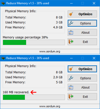 Immagine pubblicata in relazione al seguente contenuto: Reduce Memory 1.5 aumenta la memoria RAM disponibile e le prestazioni del PC | Nome immagine: news31832_Reduc-Memory-Screenshot_1.png