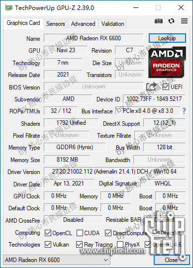 Risorsa grafica - foto, screenshot o immagine in genere - relativa ai contenuti pubblicati da amdzone.it | Nome immagine: news32057_GPU-Z-Radeon-RX-6600-Screenshot_1.png