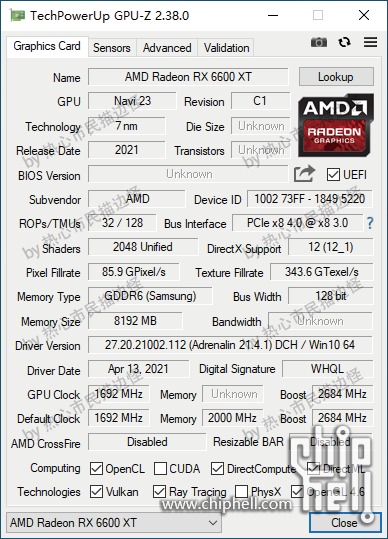 Risorsa grafica - foto, screenshot o immagine in genere - relativa ai contenuti pubblicati da amdzone.it | Nome immagine: news32057_GPU-Z-Radeon-RX-6600-XT-Screenshot_1.png