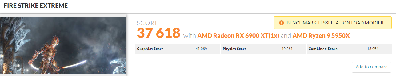 Immagine pubblicata in relazione al seguente contenuto: Score da record con FireStrike per una Radeon RX 6900 XT con GPU a 3.3GHz | Nome immagine: news32068_Radeon-RX-6900-XT-3DMark-FireStrike-Extreme_1.png