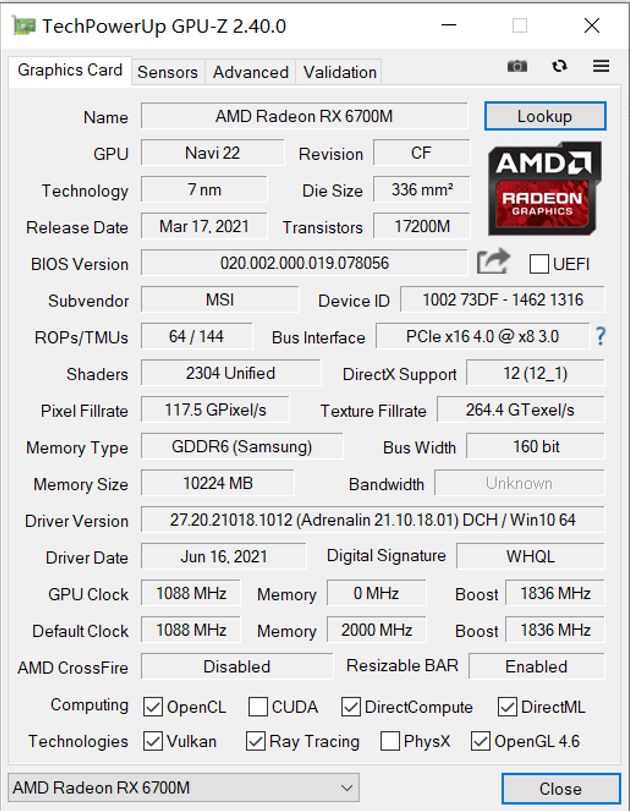 Immagine pubblicata in relazione al seguente contenuto: La GPU per notebook Radeon RX 6700M a confronto con la GeForce RTX 3070 | Nome immagine: news32341_AMD-Radeon-RX-6700M-MSI-Delta-15_9.jpg
