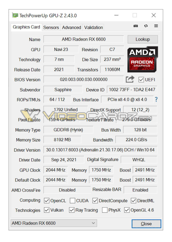 Media asset in full size related to 3dfxzone.it news item entitled as follows: Una schermata di GPU-Z rivela le specifiche della video card Radeon RX 6600 | Image Name: news32567_GPU-Z-Radeon-RX-6600_1.jpg