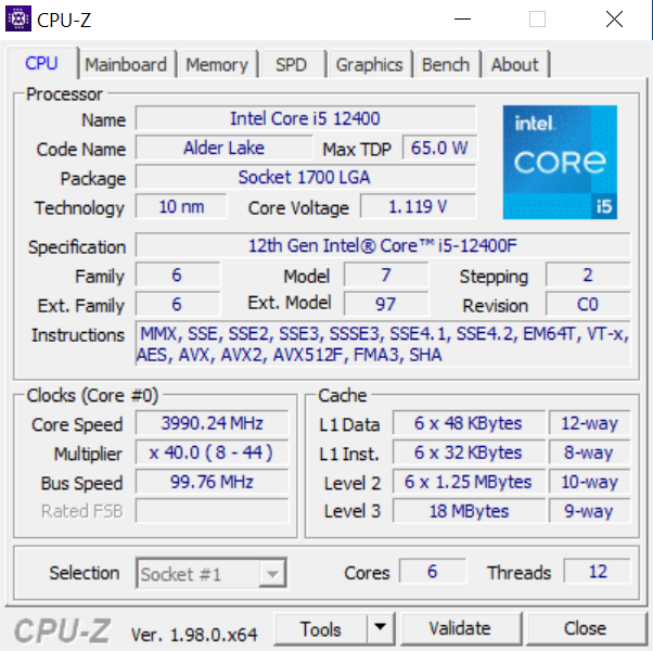 Immagine pubblicata in relazione al seguente contenuto: Foto e specifiche con CPU-Z del processore Core i5-12400F prima del suo annuncio | Nome immagine: news32796_Intel-Core-i5-12400F_4.png