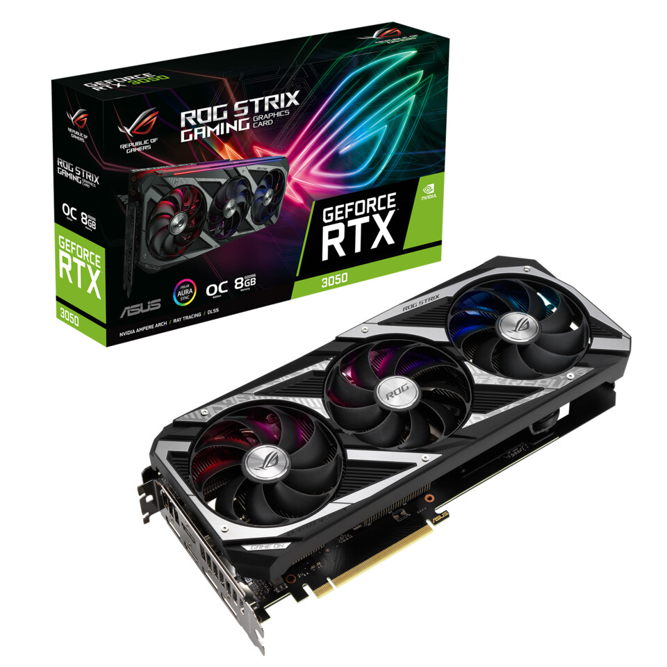 Media asset in full size related to 3dfxzone.it news item entitled as follows: NVIDIA annuncia la video card GeForce RTX 3050 8GB per il ray tracing low cost | Image Name: news32839_ASUS-ROG-Strix-GeForce-RTX-3050-8GB_1.jpg