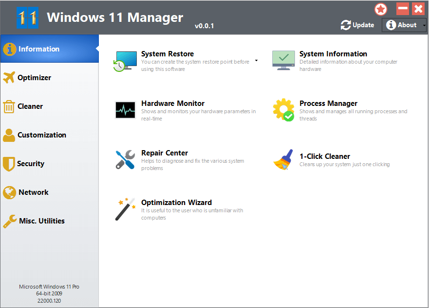 Immagine pubblicata in relazione al seguente contenuto: Windows Tweaking & Tuning & Security Utilities: Windows 11 Manager 1.0.5 | Nome immagine: news32881_Windows-11-Manager-Screenshot_1.png