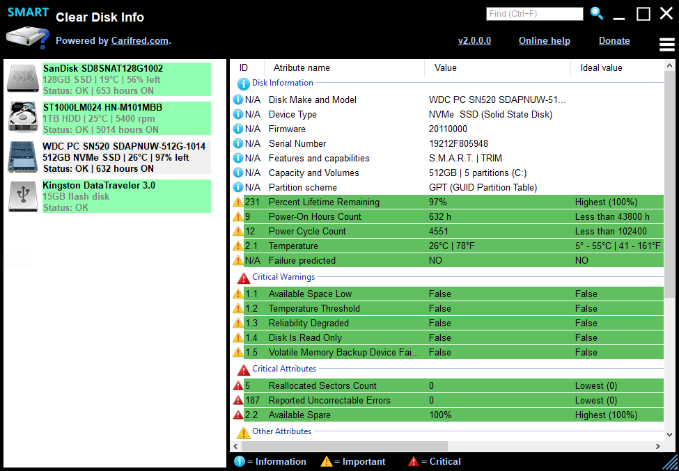 Immagine pubblicata in relazione al seguente contenuto: HDD & SSD - Monitoring & Information Utilities: Clear Disk Info 2.3.2.0 | Nome immagine: news32910_cleardiskinfo_ui-Screenshot_1.png