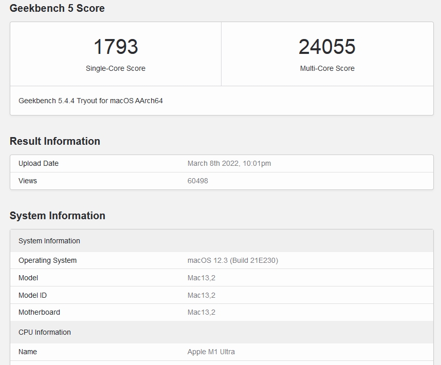 Immagine pubblicata in relazione al seguente contenuto: Il SoC Apple M1 Ultra testato con Geekbench: sono indietro le CPU Intel e AMD | Nome immagine: news33078_Apple-M1-Ultra-Geekbench-Score_1.jpg