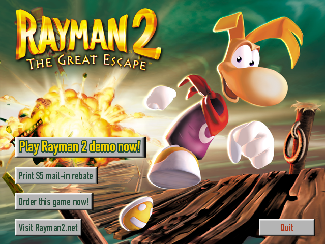 Media asset in full size related to 3dfxzone.it news item entitled as follows: Historical videogame demos suggested by 3dfxzone | Rayman 2: The Great Escape | Image Name: news33239_Rayman-2-The-Great-Escape-Demo_Menu_1.png