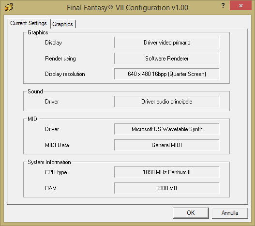 Immagine pubblicata in relazione al seguente contenuto: Historical videogame demos suggested by 3dfxzone | Final Fantasy VII Demo | Nome immagine: news33258_Final-Fantasy-VII_Configuration-Settings_1.png