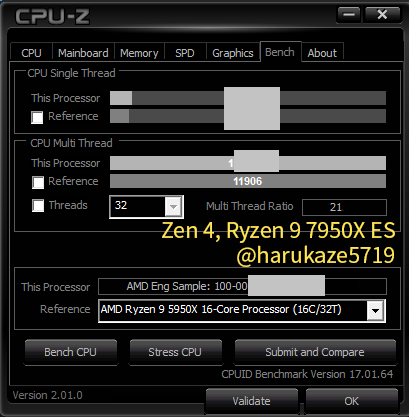 Immagine pubblicata in relazione al seguente contenuto: Il Ryzen 9 7950X batte nettamente Ryzen 9 5950X e Core i9-12900K con CPU-Z MT | Nome immagine: news33599_Ryzen-9-7950X-CPU-Z_Leak_2.png