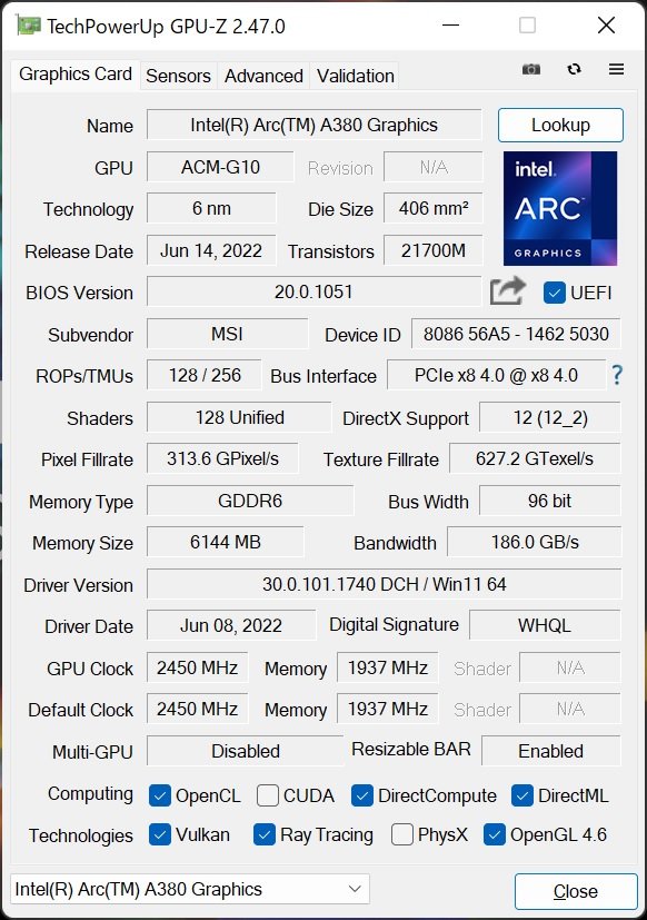 Immagine pubblicata in relazione al seguente contenuto: Foto e benchmark (anche con 3DMark) di una Intel Arc A380 prodotta da MSI | Nome immagine: news33655_Intel_ARC_A380_MSI_3.jpg