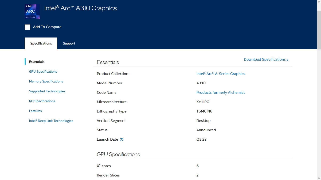 Immagine pubblicata in relazione al seguente contenuto: Nuova Alchemist da Intel: la Arc A310 entra a far parte del catalogo ufficiale | Nome immagine: news33710_Intel-Arc-A310_Specifications_1.jpg