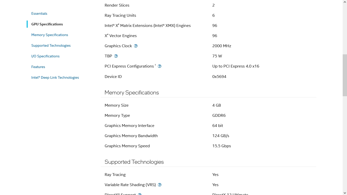 Immagine pubblicata in relazione al seguente contenuto: Nuova Alchemist da Intel: la Arc A310 entra a far parte del catalogo ufficiale | Nome immagine: news33710_Intel-Arc-A310_Specifications_2.jpg