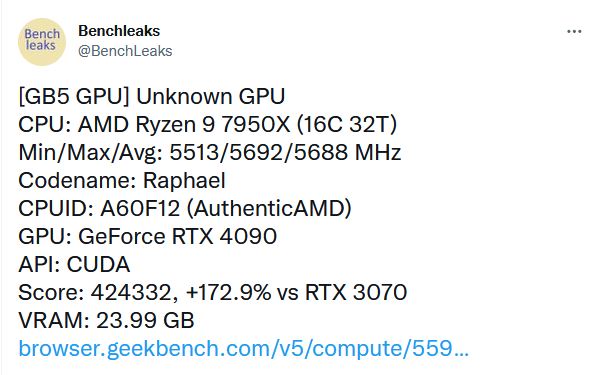 Immagine pubblicata in relazione al seguente contenuto: La GeForce RTX 4090 domina sulla GeForce RTX 3090 Ti con Geekbench (CUDA) | Nome immagine: news33728_Geekbench-GeForce-RTX-4090_1.jpg
