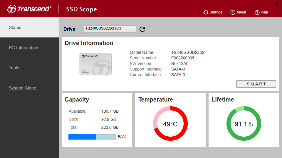 Immagine pubblicata in relazione al seguente contenuto: SSD Management & Monitoring & Tuning Utilities: Transcend SSD Scope 4.11 | Nome immagine: news33842_Transcend-SSD-Scope_Screenshot_1.png