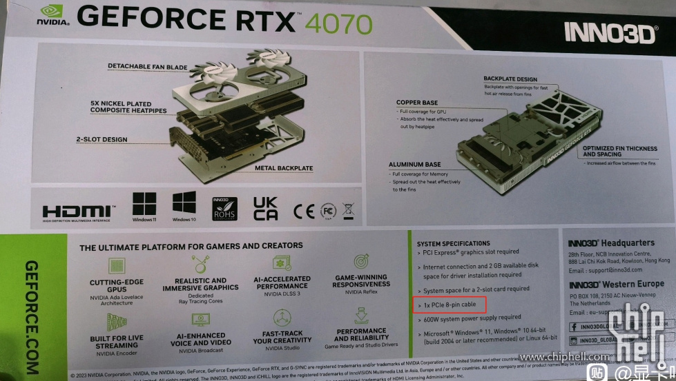 Immagine pubblicata in relazione al seguente contenuto: Foto del bundle della GeForce RTX 4070 di INNO3D con connettore PCIe a 8-pin | Nome immagine: news34288_Bundle_INNO3D-GeForce-RTX-4070_1.jpg