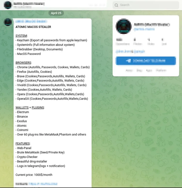 Immagine pubblicata in relazione al seguente contenuto: In vendita su Telegram un malware che sottrae dati e file dai computer con macOS | Nome immagine: news34428_AMOS_1.png