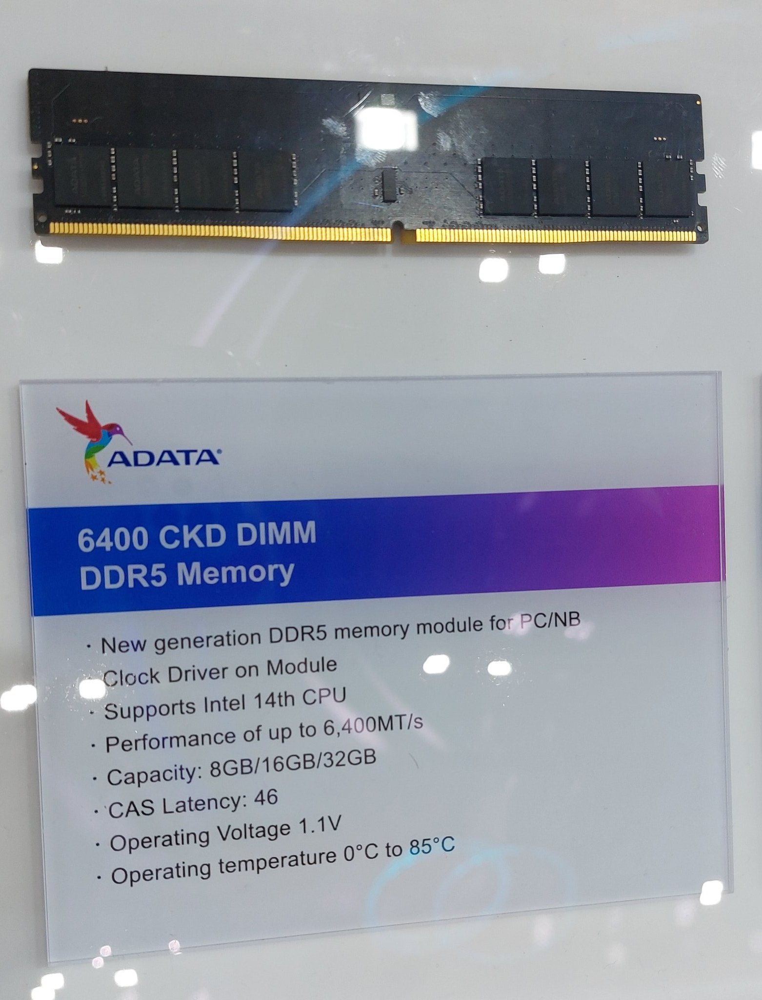 Immagine pubblicata in relazione al seguente contenuto: ADATA mostra moduli di memoria RAM DDR5 pronti per le CPU Core 14th Gen | Nome immagine: news34537_ADATA-DDR5-6400_Computex-2023_1.jpg