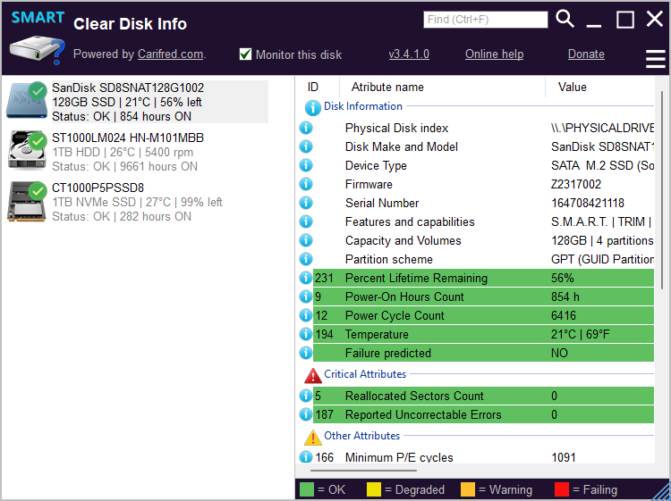 Immagine pubblicata in relazione al seguente contenuto: Clear Disk Info 4.2.1.0 monitora lo stato di salute dei drive SSD e HDD | Nome immagine: news35322_Clear-Disk-Info_Screenshot_1.png