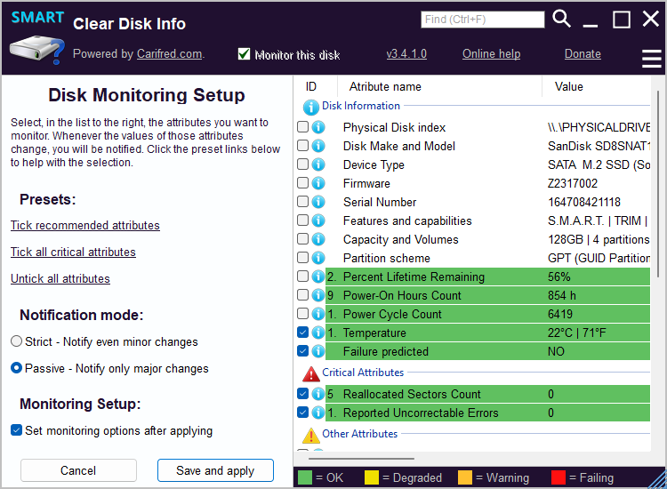 Immagine pubblicata in relazione al seguente contenuto: Clear Disk Info 4.2.1.0 monitora lo stato di salute dei drive SSD e HDD | Nome immagine: news35322_Clear-Disk-Info_Screenshot_2.png