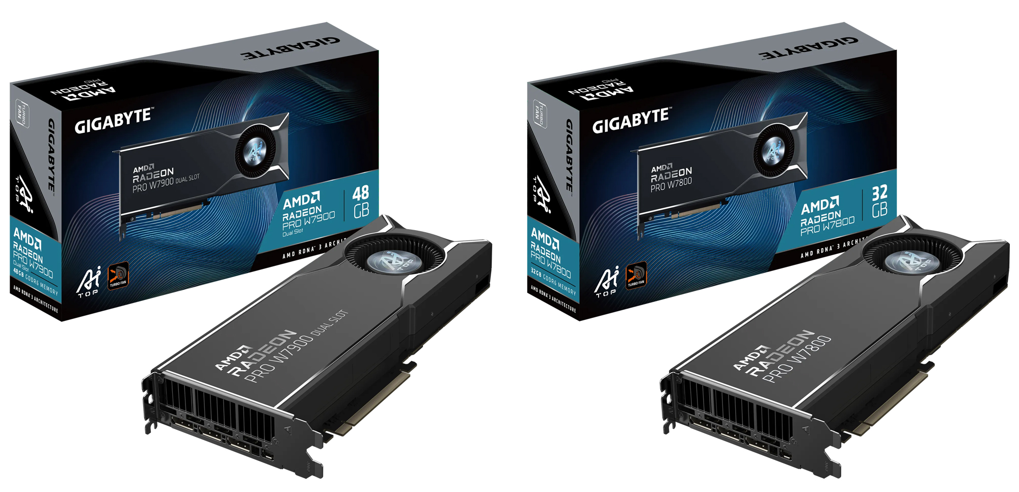 Immagine pubblicata in relazione al seguente contenuto: GIGABYTE annuncia le Radeon PRO W7900 Dual Slot AI TOP 48G e W7800 AI TOP 32G | Nome immagine: news35721_GIGABYTE_Radeon-PRO-W7000_1.jpg