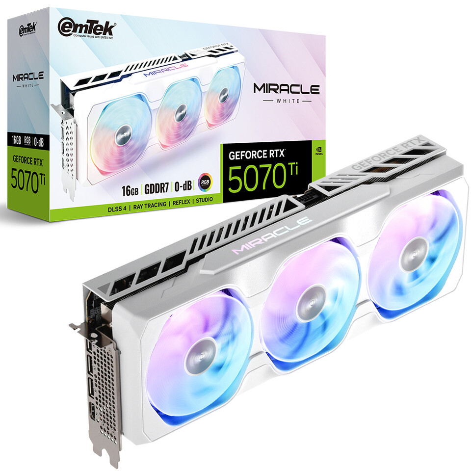 Media asset in full size related to 3dfxzone.it news item entitled as follows: EMTEK lancia la video card GeForce RTX 5070 MIRACLE WHITE D7 12GB | Image Name: news36556_EMTEK-GeForce-RTX-5070-MIRACLE-WHITE-D7-12GB_3.jpg